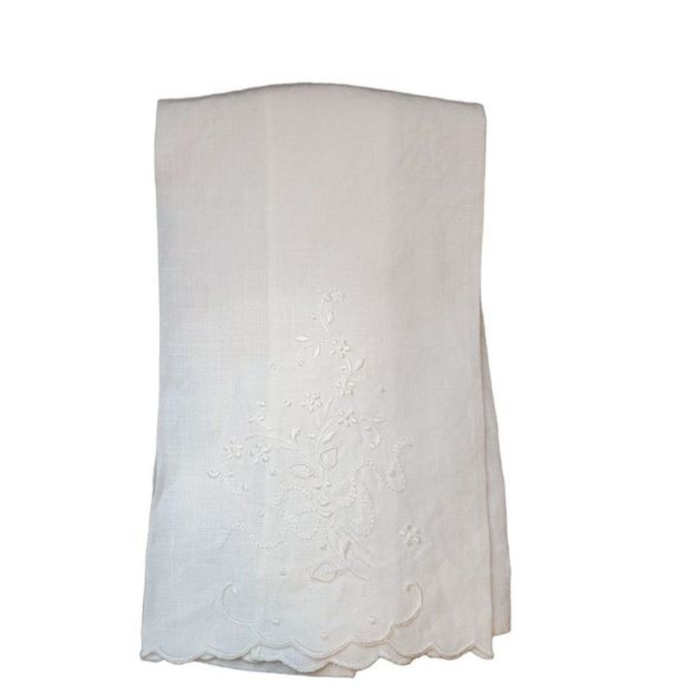 VTG Embroidered‎ Guest Towel White Scalloped Bath Linen Cotton Handmade Shabby